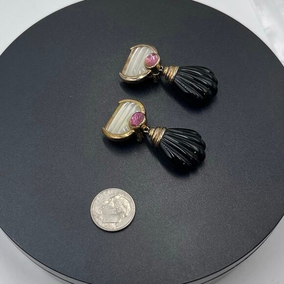 Kylo Vintage Sterling Silver Vermeil Obsidian Garnet Gem Clip On Runway Earrings - Picture 10 of 16